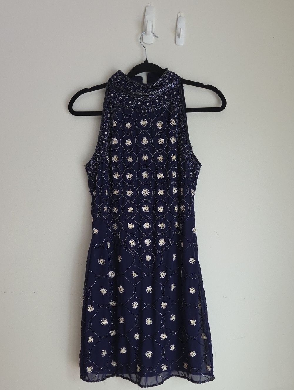 TFNC Navy Beaded High-Neck Mini Dress